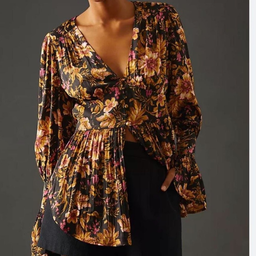 Anthropologie Maeve Colette Floral V-Neck Pleated Peplum Blouse